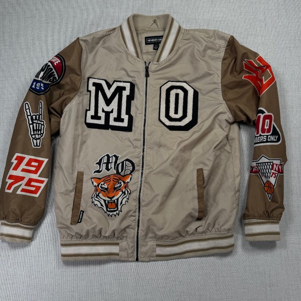 Members Only Varsity Bomber Jacket Beige Brown Patches Tiger Graphic Size L